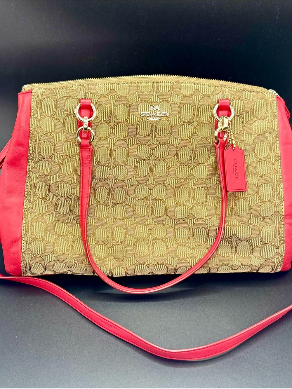 Coach Brown Signature Canvas Stayton Bag with Red Trim